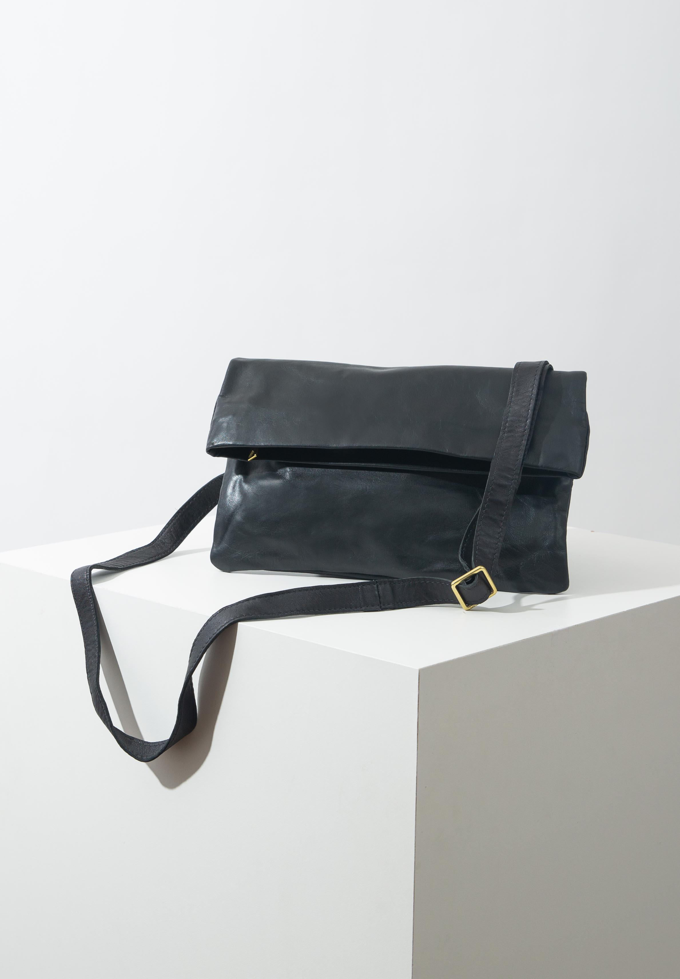 Elegant Black Cross-Body Bag - Genuine Cow Leather - Handmade in