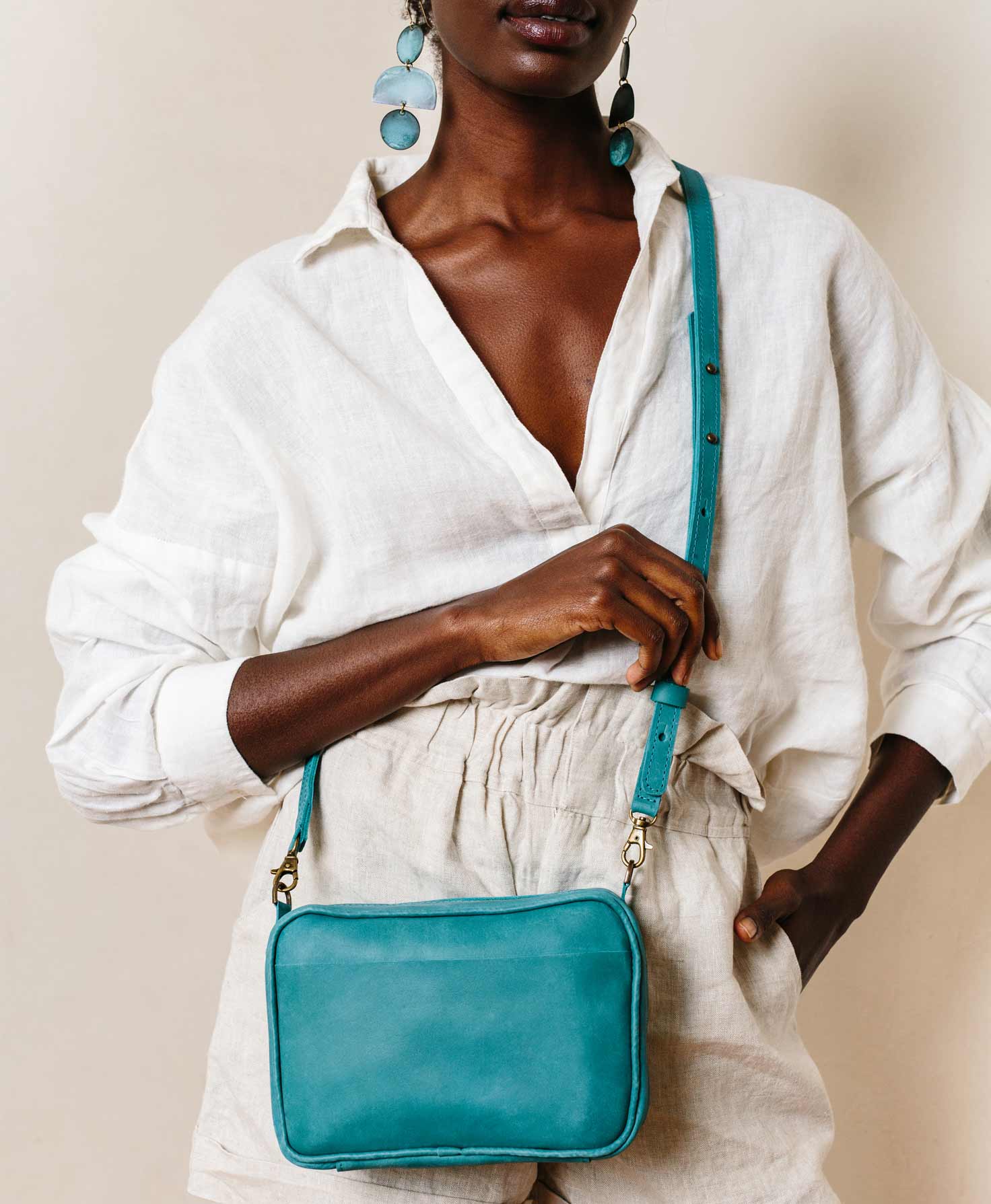 Teal Blue Gold Leather Designer Handbag Crossbody Messenger - Schandra